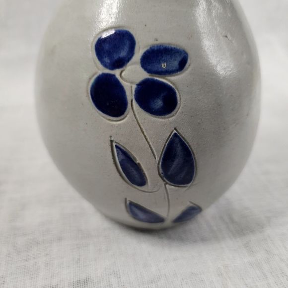 Vintage Salt Glazed Pottery Cobalt Blue Leaf Design Carafe Pitcher Vase 6.5" - Picture 12 of 16